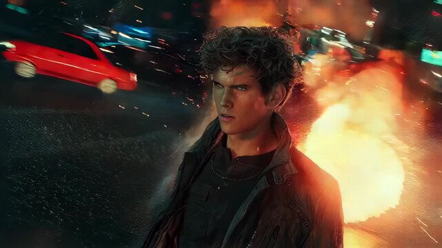 Intense action portrait of a man against cinematic blockbuster blazing explosion and neon city lights at night.