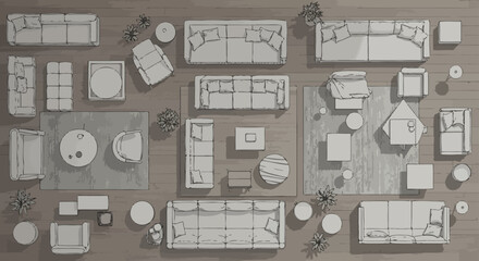 plan view furniture arrangement seating options showcased ideal for interior design layouts and space planning in architectural renderings for home design