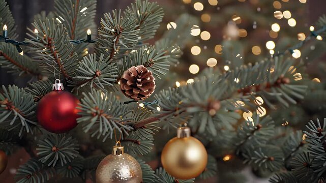 Christmas tree branches with red and gold ornaments and pinecone  