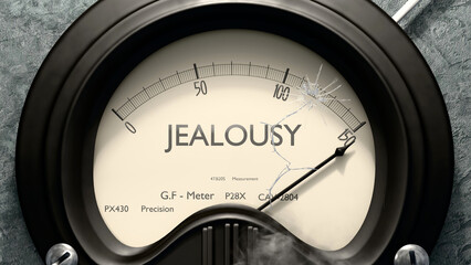 Jealousy meter showing high levels of Jealousy . Dangerously increasing values of Jealousy , critical overload. Too much, off the charts. Max Jealousy  ,3d illustration