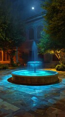 Enchanting illuminated fountain at night with lush trees and a bright moon overhead