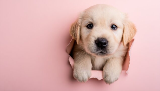 The portrait of a Golden Retriever puppy set against a pink torn paper backdrop is a cute and playful pet picture of an adorable animal