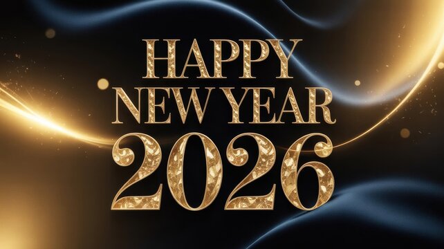 Golden 'happy new year 2026' text with sparkling lights and glitter particles on a dark elegant background, festive celebration concept, luxury event announcement, seasonal greeting for the coming yea