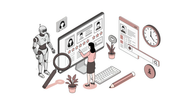robot assisting with talent acquisition a woman reviews candidate profiles on a screen symbolizing ai in recruitment ideal for hr tech and future jobs