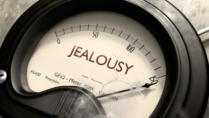 Jealousy meter showing high levels of jealousy. Dangerously increasing values of jealousy, critical overload. Too much, off the charts. Max jealousy ,3d illustration