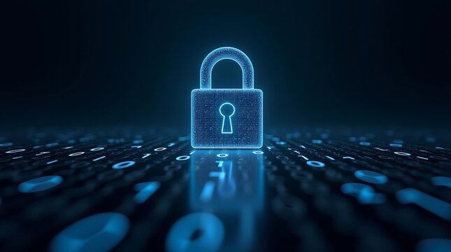 A dark, cinematic illustration of a digital padlock or shield icon in a wireframe style