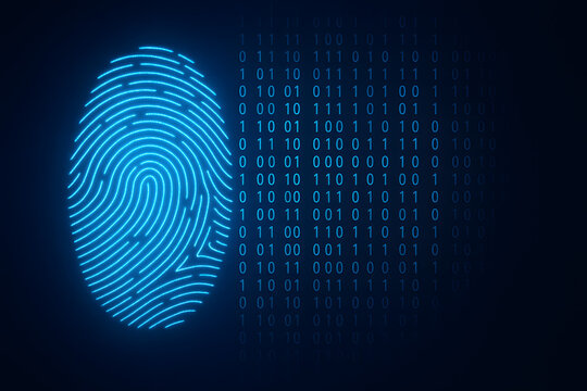 Digital fingerprint biometric identification on dark technology background, glowing blue fingerprint with binary code data, cybersecurity authentication and personal identity verification concept, dig