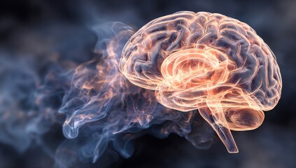 Obraz premium The human brain is illuminated by neon blue and purple lights, set against a smoky backdrop in a futuristic hi-tech setting