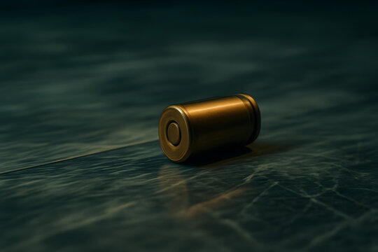 Single brass bullet casing lying on wet reflective ground, empty ammunition shell in dark moody environment, abandoned cartridge and military object concept, firearm ammunition, crime investigation, f