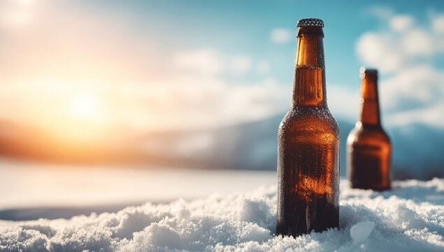 A cold beer in a glass bottle is partially submerged in freshly fallen white snow, with droplets of condensation forming on the glass