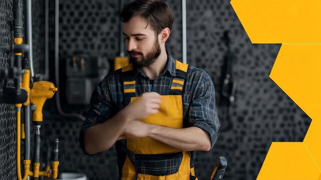 A smiling young man wearing a yellow and black work outfit stands in a well-equipped workshop.