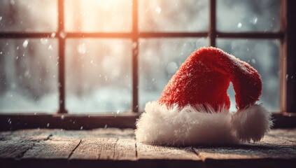 A cozy holiday season is embodied by a red Santa hat on a wooden windowsill, frosted glass window, and warm winter light