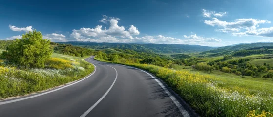 Plexiglas schilderij Zorgcentrum A countryside asphalt road stretching across green fields with blooming flowers under a bright sunny spring sky, photorealistic and cinematic.  © KHF