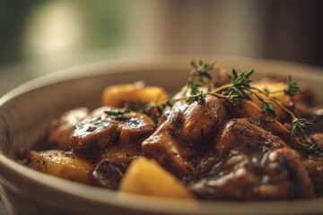 Chestnut Mushroom Ragout in bowl, rich dark brown stew with chestnuts, wild mushrooms, and tender potatoes garnished with thyme. Concept of savory ragout with chestnuts and wild mushrooms.