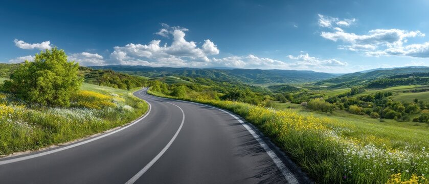 A countryside asphalt road stretching across green fields with blooming flowers under a bright sunny spring sky, photorealistic and cinematic.