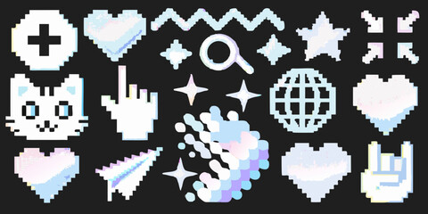 Collection of pixel art icons and elements with a pastel iridescent gradient effect on a black background