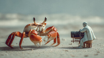 Creature observing miniature photographer capturing wildlife on sandy beach