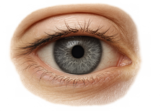 Human blue eye close-up showing iris, pupil, and eyelashes, a visual representation of sight and vision on transparent background - Powered by Adobe