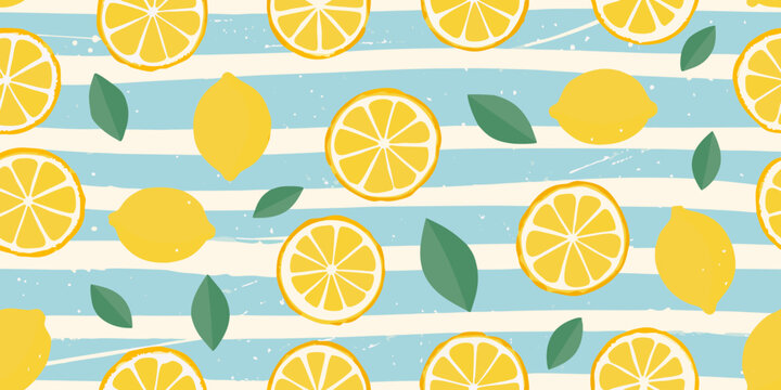Bright yellow lemons and slices with green leaves on a blue and cream striped background