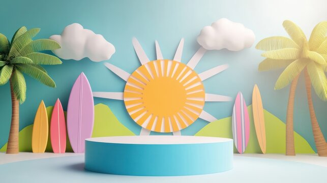 Summer beach scene product display, pastel colors, sun, palm trees, surfboards