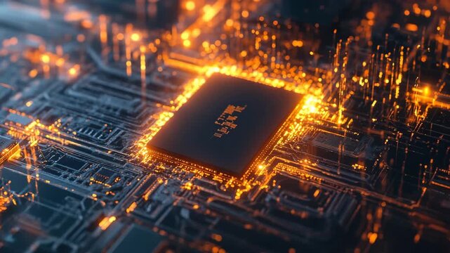 Advanced microchip technology showcases a complex circuitry layout illuminated by bright orange lights, creating a futuristic and dynamic look, highlighting electronic innovation.
