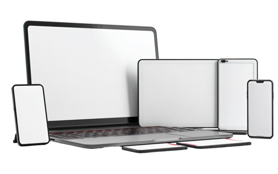 Various modern digital devices, including a laptop, tablet, smartphones, and a blank screen, displayed together - Powered by Adobe