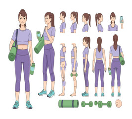 Obraz premium Illustration of a woman in sportswear with various poses and accessories, isolated on white background the accessories include a yoga mat, water bottle, dumbbell, and phone