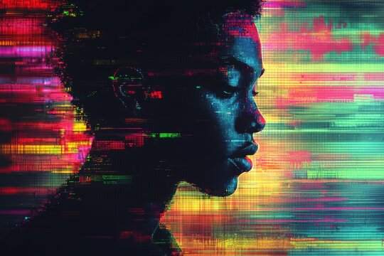 Vibrant glitch art portrait with neon light effects and digital distortion