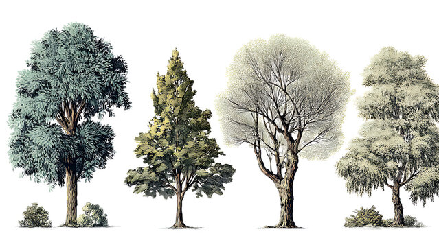 A collection of four trees with varying foliage and branch structures against a black background