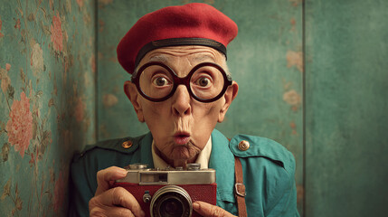 Elderly woman photographer making a funny surprised face holding vintage camera