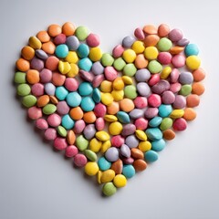 A colorful candy heart made of Smarties on a white background, viewed from above with soft lighting and a playful, cheerful mood.