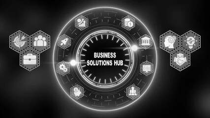 Grayscale digital business solutions hub with icons representing strategy teamwork finance and innovation on a dark background - Powered by Adobe