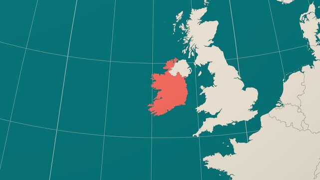 Ireland map. Animated zoom into the country on the Globe in Teal Pale Mint color palette. Country logo animation. Map with meridians, parallels. Classic video.