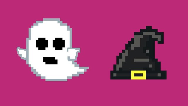 Halloween pixel art animation with a ghost and a witch's hat on a red background, art, vintage.