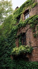 Overgrown brick building facade embraced by lush green ivy and verdant foliage