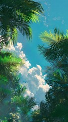Looking up through lush green pine branches at a bright blue sky with fluffy white clouds