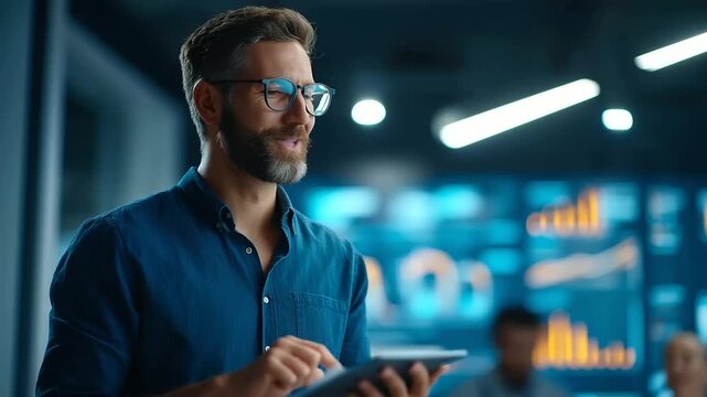 A businessman under stark teal light discusses brand strategy with a startup team hyper realistic financial visuals glowing moody shadows in a modern office bold colors in das