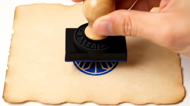 Hand pressing stamp onto ink pad for official approval concept