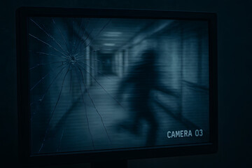 CCTV security footage showing blurred intruder running in hallway captured on surveillance monitor, crime evidence investigation concept, night vision camera recording mystery break in criminal scene