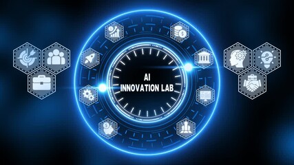 Futuristic Neon Blue AI Innovation Lab Infographic with Icons and Circular Diagram artificial intelligence - Powered by Adobe