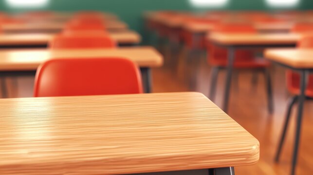 Empty Classroom with Rows of Desks and Chairs in a School Setting Featuring Warm Wood and Vibrant Red Accents
