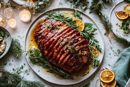 Orange Clove Glazed Ham on white plate, garnished with rosemary and orange slices. Concept of cozy dining atmosphere featuring ham baked with orange and clove glaze.