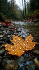 Golden maple leaf adorned with raindrops floats gently on a shallow forest stream