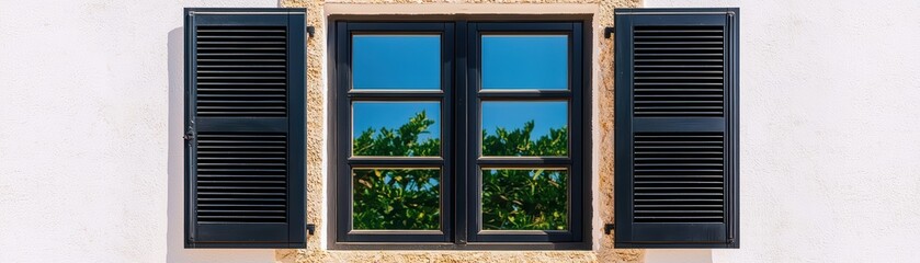 Beautiful Rustic Window with Black Shutters Framed Against Vibrant Greenery and Blue Sky in a Serene Outdoor Setting