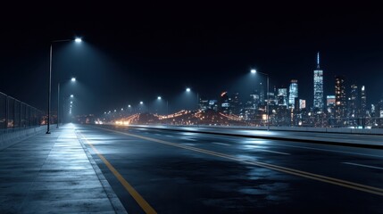 Fototapeta premium An empty road and sidewalk with city lights glowing in the distance at night, reflections on pavement, photorealistic and cinematic.
