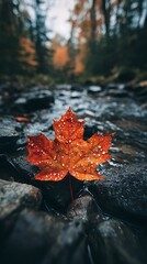 Vibrant autumn maple leaf floats gently on a rippling forest stream