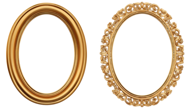 Two golden oval picture frames.  Ornate, decorative frames.  Empty, ready to display