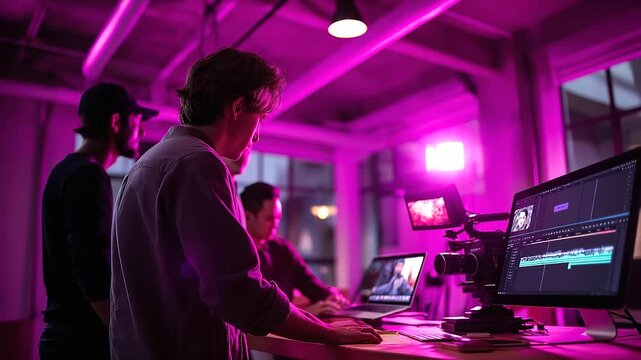 A filmmaking team under vibrant purple light creates a video using AI text to video tools hyper realistic editing timelines glowing moody shadows in a modern studio bold color
