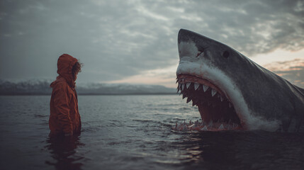 Person in water confronting a great white shark with open jaw