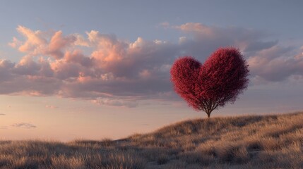 Red heart-shaped tree in a green field on a sloping hill with a warm sunset sky.